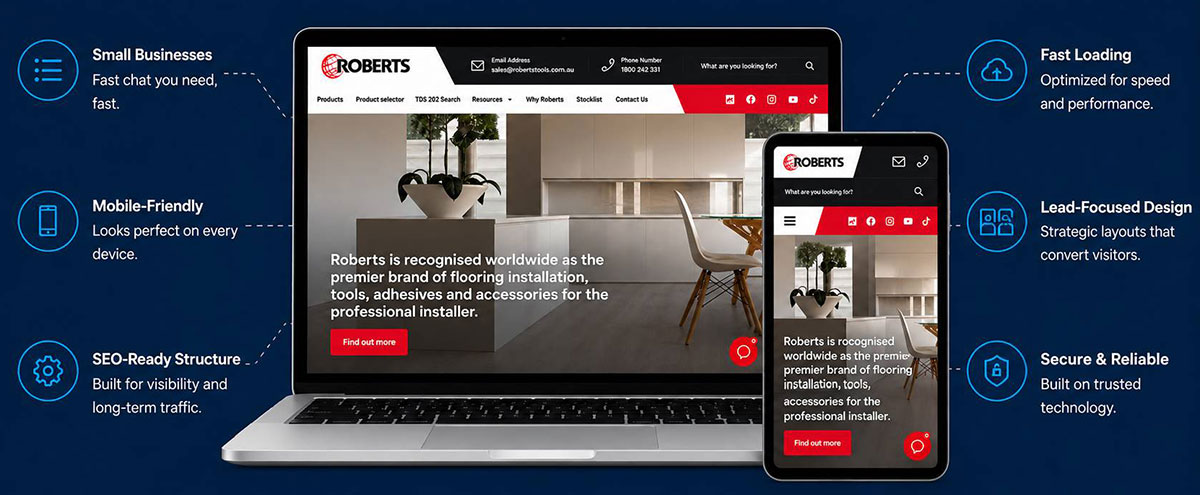 Roberts Products website designed by VisualWeb shown on laptop and mobile, with callouts for fast loading, mobile-friendly, SEO-ready structure, lead-focused design and secure hosting