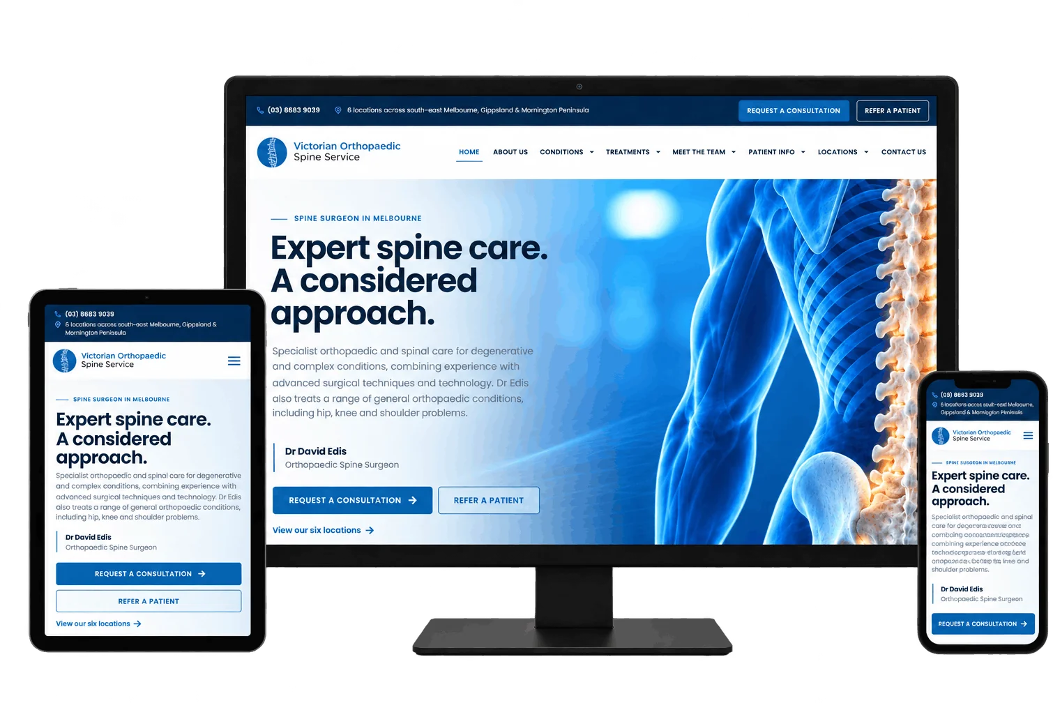 Victorian Orthopaedic Spine Service website designed by VisualWeb shown on desktop, tablet and mobile